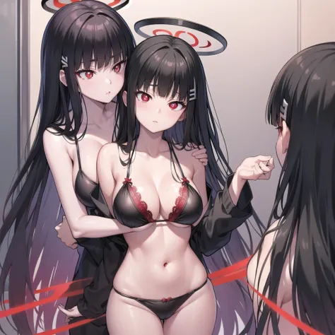 riotsukatsuki, rio, black hair, (red eyes:1.5), hair ornament, hairclip, halo, long hair,
、Extremely large breasts(4700)、 Two people hugging each other、Lace Bikini