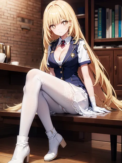 ,long hair,straight_hair,bright_pupils,cleavage,slender_waist,ankle_boots,elbow_gloves,1girl,white_pantyhose,lace,Uniforms