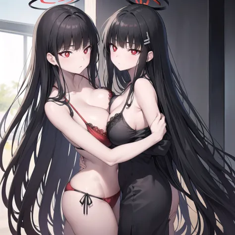 riotsukatsuki, rio, black hair, (red eyes:1.5), hair ornament, hairclip, halo, long hair,
、Extremely large breasts(4700)、 Two people hugging each other、Lace Bikini