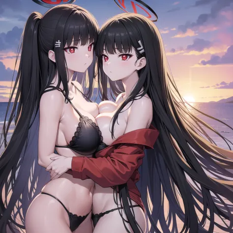 riotsukatsuki, rio, black hair, (red eyes:1.5), hair ornament, hairclip, halo, long hair,
、Extremely large breasts(4700)、 Two people hugging each other、Lace Bikini