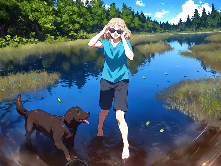 Um homem usando short e camiseta azul, dentro de um lago com seu cachorro labrador de pelo marrom. The two are playing. The day is sunny.