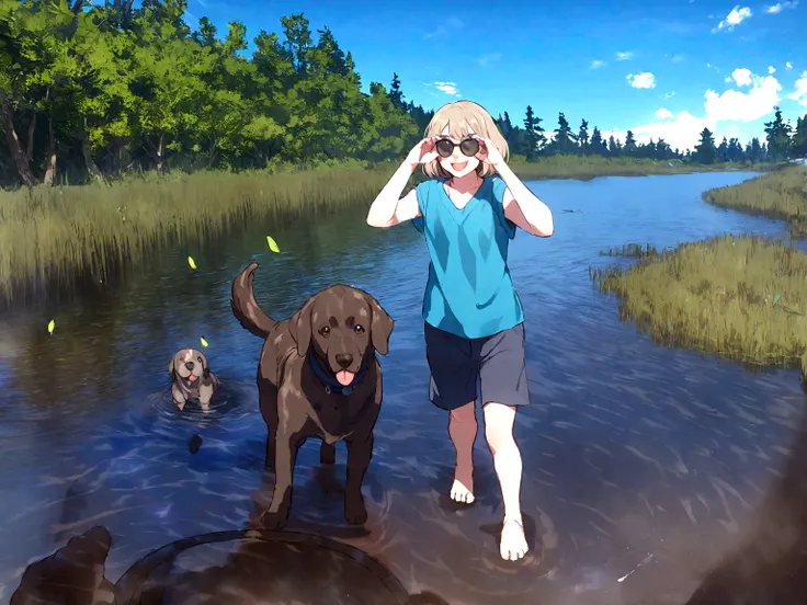 Um homem usando short e camiseta azul, dentro de um lago com seu cachorro labrador de pelo marrom. The two are playing. The day is sunny.