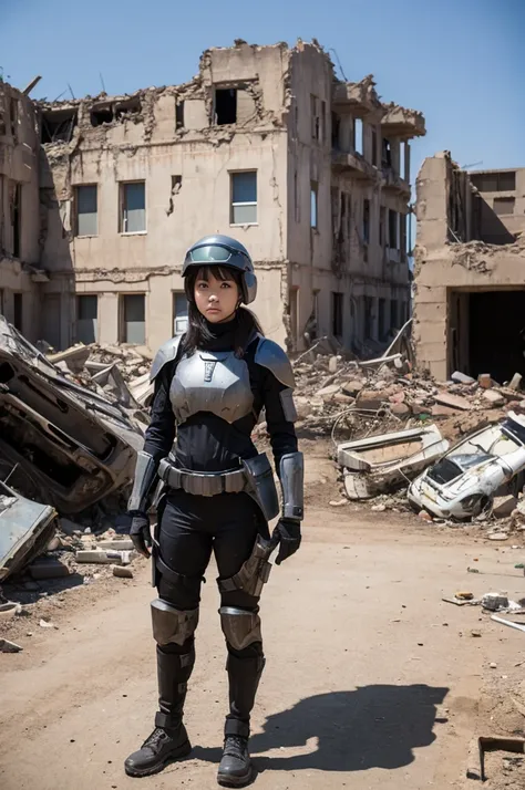 A girl in a battle suit standing in a ruined city