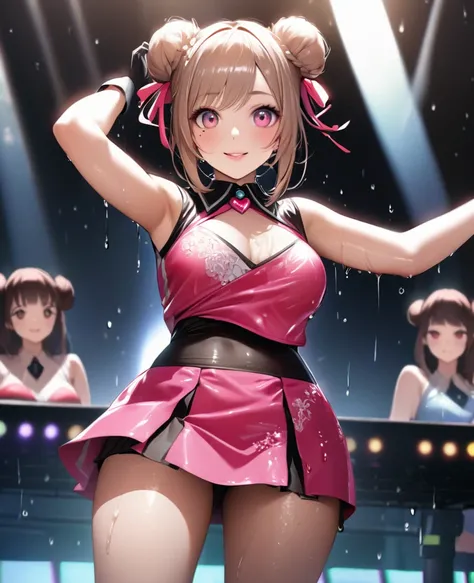 One Girl、Looking at the audience、lovely,
Beautiful pink eyes、Two brown double hair buns , Mole under the eye、Plump and glossy lips、Heart-shaped choca、Dance team uniformini skirt, Her name is May,smile、ー、。.。.。.。.。.。.。.。.。.。.。.。.。.。.。.。.。.。.3D、Realistic、
Dan...