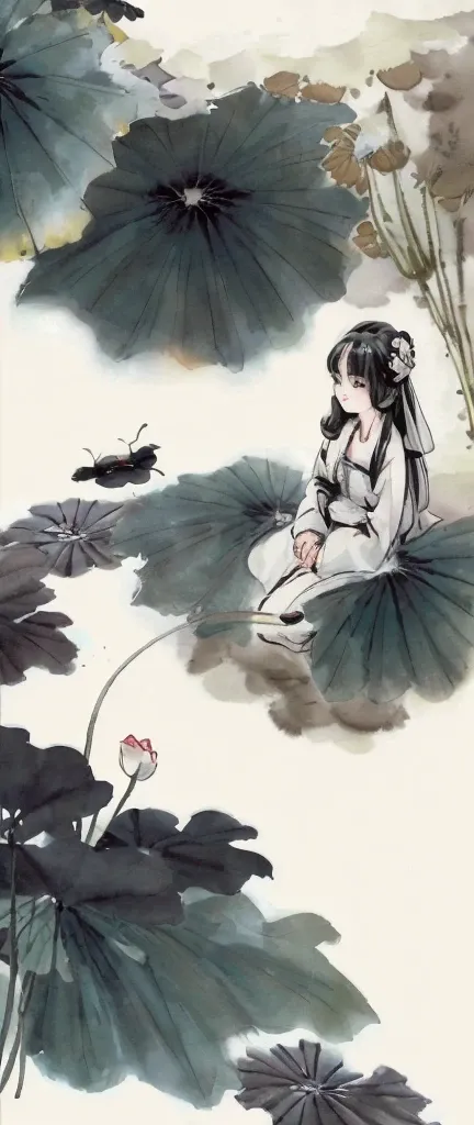 ((4k,masterpiece,best quality)), shuimobysim, traditional chinese ink painting, lotus, maxiskit, dress conservatively
1 girl, solo, white hair, short hair, white, fish, many fish near girl, look at viewer,