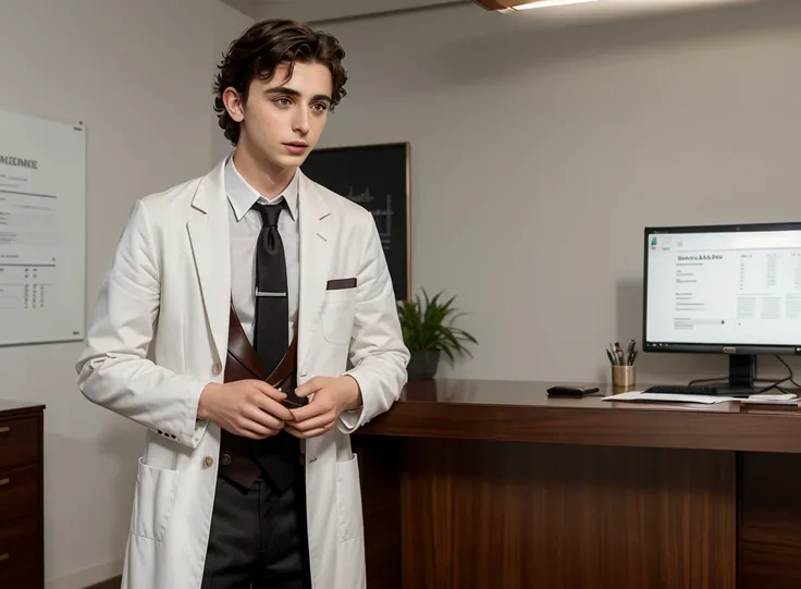 Create a digital illustration of Timothée Chalamet as a nutritionist. He is wearing an elegant white medical coat with a stylish shirt and tie underneath. The background features an elegantly designed office with a large nutrition chart on the wall. The of...