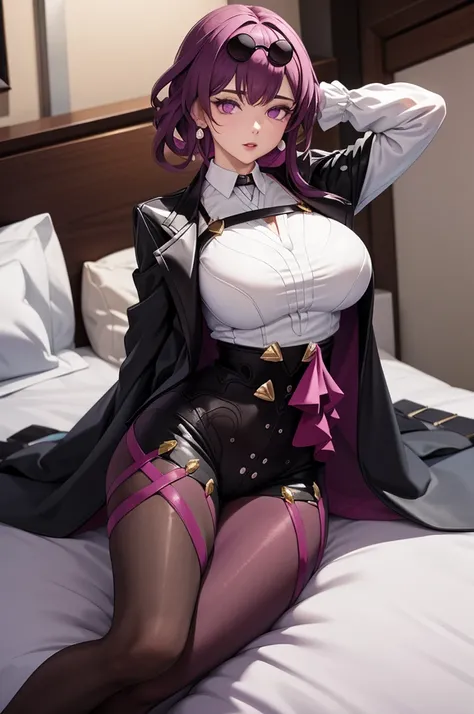 masterpiece, (detailed, highres, best quality), 1girl, kafkerdef, earrings, eyewear on head, sunglasses, white shirt, black jacket, long sleeves, purple gloves, shorts, pantyhose, thigh strap, seiza, arms behind head, bed