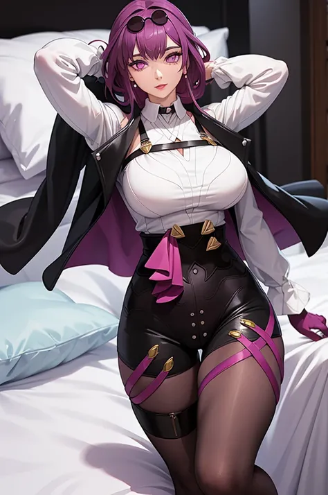 masterpiece, (detailed, highres, best quality), 1girl, kafkerdef, earrings, eyewear on head, sunglasses, white shirt, black jacket, long sleeves, purple gloves, shorts, pantyhose, thigh strap, seiza, arms behind head, bed