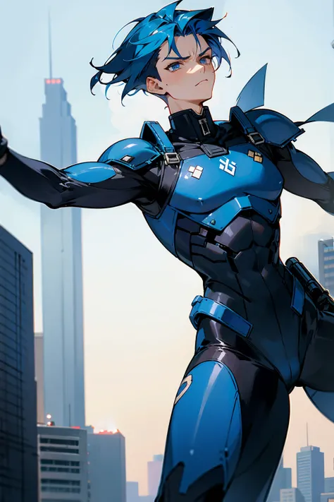 1male , Blue Hair , Undercut Hair , Unique Hair , Serious Expression , Black Bodysuit , Military Armored Combat Clothing , Standing in Modern City Background 