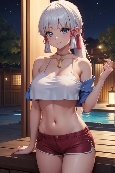 Masterpiece, high quality, 8k, ultra detail, ((kamisatoayakarnd)) standing, night,outdoors, (crop top), navel, (shorts), (off shoulders:1), choker, smile, armpit, (large breast), (nude arm)