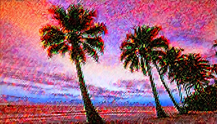 serene coastal scene at sunset from a low-angle perspective, looking up at tall, slender palm trees swaying gently in the breeze. The sky is painted in soft hues of pink, purple, and orange, reflecting the calmness of the approaching evening. A few wispy c...