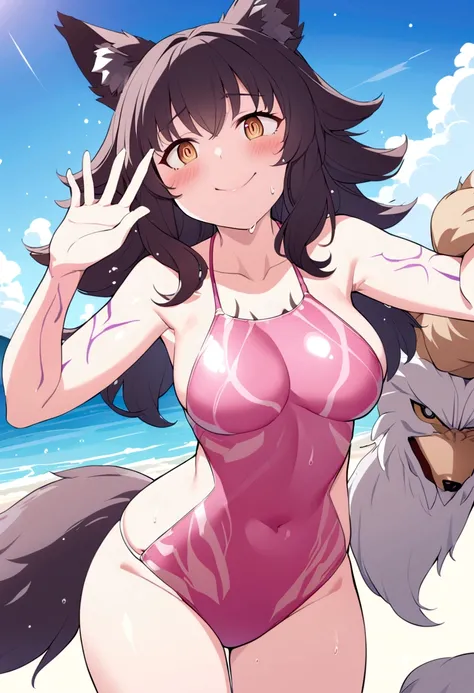 Hairy fox beast mother , Round face , (Tilt your face:1.1) , (Wink:1.2) , Moist, round eyes , Swollen cheeks , Estrus , Dark Hair , motherly smile , Glossy Lips , nude , (Body Paint Swimwear:1.2) , Sunny seaside , With the surprised beastmen