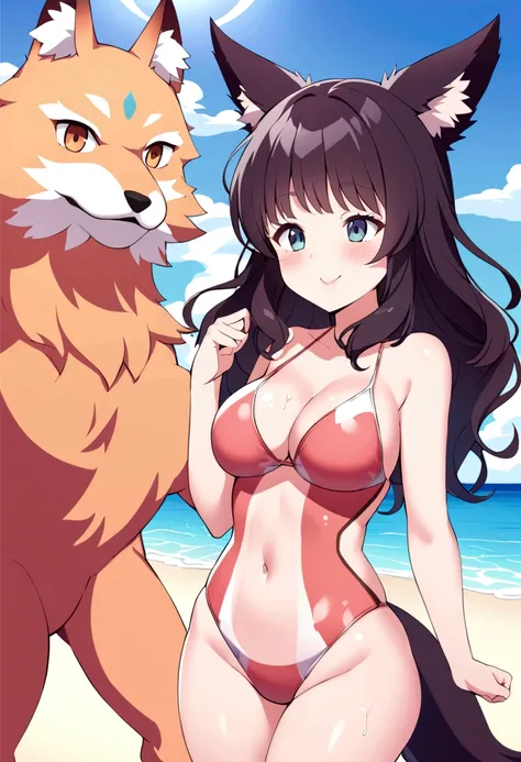 Hairy fox beast mother , Round face , (Tilt your face:1.1) , (Wink:1.2) , Moist, round eyes , Swollen cheeks , Estrus , Dark Hair , motherly smile , Glossy Lips , nude , (Body Paint Swimwear:1.2) , Sunny seaside , With the surprised beastmen