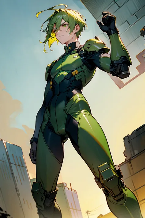 1male ,Green Hair,Yellow Highlighted Hair , Serious Expression , Black Bodysuit , Military Armored Combat Clothing , Standing in Ruined City Background , 