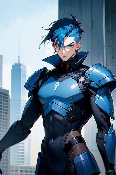 1male , Blue Hair , Undercut Hair , Unique Hair , Serious Expression , Black Bodysuit , Black Military Armored Combat Clothing , Standing in Modern City Background 