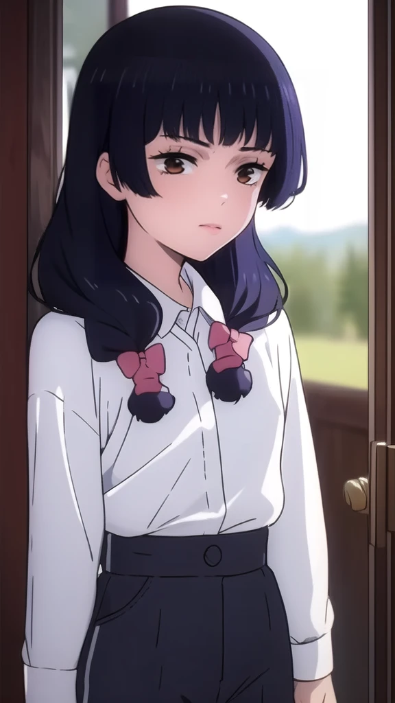  1girl, solo, long hair, solo, black hair, bow, hair bow, brown eyes, closed mouth, scar on face, bangs, ribbon, standing, hair ribbon, ponytail, white bow, scar on nose, half updo, blue shirt, grey pants, pov, smile, happy,
masterpiece, best quality, 