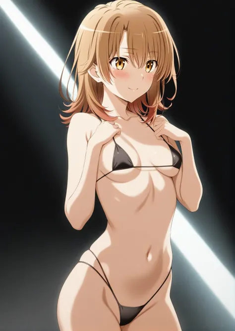 1girl, (isshiki iroha, yahari ore no seishun lovecome wa machigatteiru), brown hair, brown eyes, black micro bikini, sea, thigh, perfect face, perfect anatomy, light rays, extremely delicate body, smooth skin, feminine expression, (cristal clear eyes, beau...