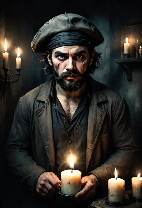 ((an anxious man black single eye patch:1.4) , rough bearded face, wearing a hat, holding a candle, in a dark room, dramatic lig...