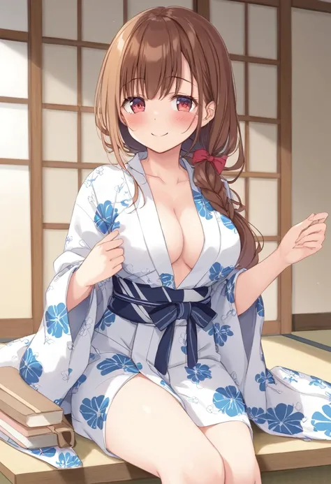 Cute beautiful girl、、naked、(blush:1.5)、Laugh shyly、Brown skin、Open yukata、Beautiful breasts