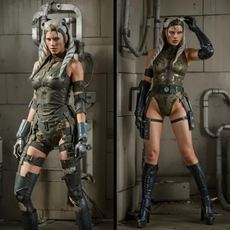 there are two pictures of a Аhsoka in a uniform and a Аhsoka in a suit, metal gear solid art style, metal gear solid style, metal gear solid inspired, inspired by Masamune Shirow, metal gear solid anime cyberpunk, video game fanart, from metal gear, metal ...