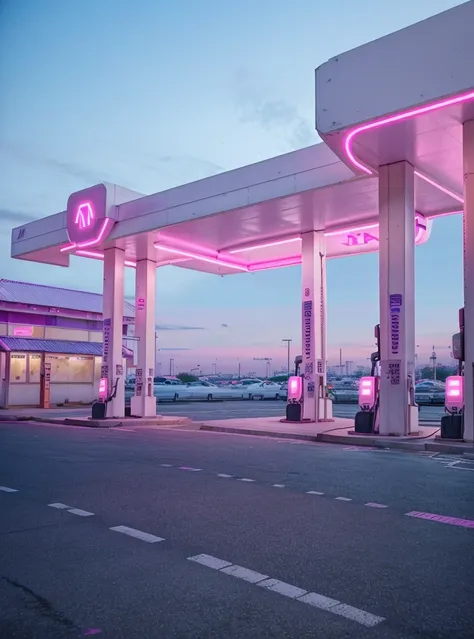 A gas station outside, the roof is white with purple and pink accents, the city in the background is futuristic and neon with pink and blue buildings, flashing lights, ground view, high quality 