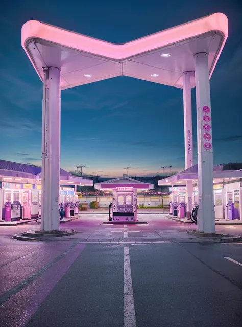 A gas station outside, the roof is white with purple and pink accents, the city in the background is futuristic and neon with pink and blue buildings, flashing lights, ground view, high quality 