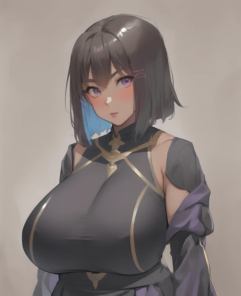 anime girl wearing a busty mechasuit exoarmor, brown and purple, ponytail,  2d flat vector art, high quality, high resolution,  perfect face bulbousbot, full body,  ponytail, long hair tied back, davey, full body, standing up