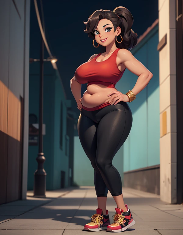 ((Masterpiece)), ((Best Quality)), (4K quality), CARTOON, ANIME, CARTOON ARTSTYLE, (half-body-shot (front shot):1.3),(Detailed face:1.2), (Detailed eyes:1.2),(pudgy figure:1.2) ultra-detailed, 1girl, alone, Latina, 42-years-old, milf, mature female, (dark-...