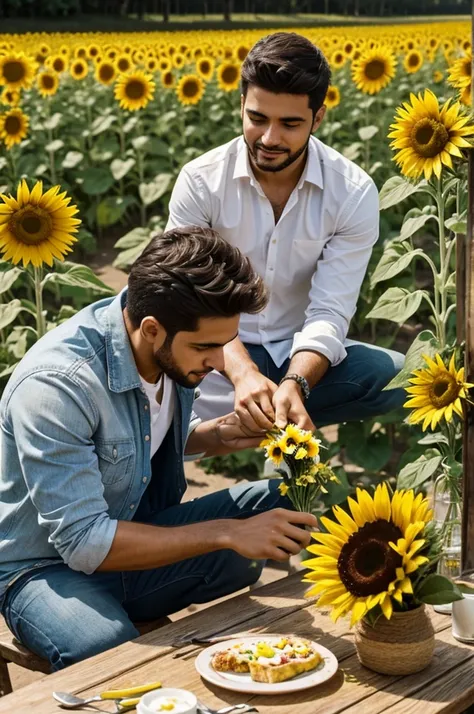 Genera a un hombre joven haciendo de almorzar con un florero de girasoles 