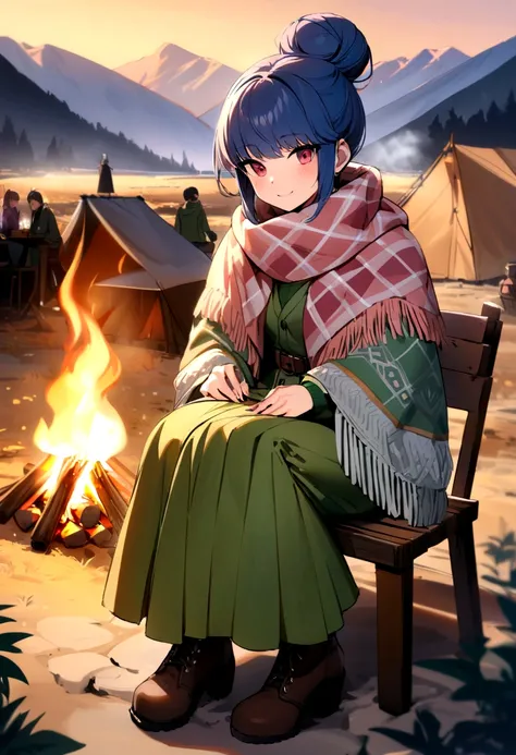 masterpiece,best quality,highres,ultra-detailed,shima rin,hair bun,bangs,scarf,poncho,shawl,shirt,long sleeves,green shirt,skirt,pink skirt,long skirt,pantyhose,black pantyhose,boots,brown footwear,outdoors,camp,bonfire,chair,sitting,smile,