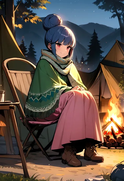 masterpiece,best quality,highres,ultra-detailed,shima rin,hair bun,bangs,scarf,poncho,shawl,shirt,long sleeves,green shirt,skirt,pink skirt,long skirt,pantyhose,black pantyhose,boots,brown footwear,outdoors,camp,bonfire,chair,sitting,smile,