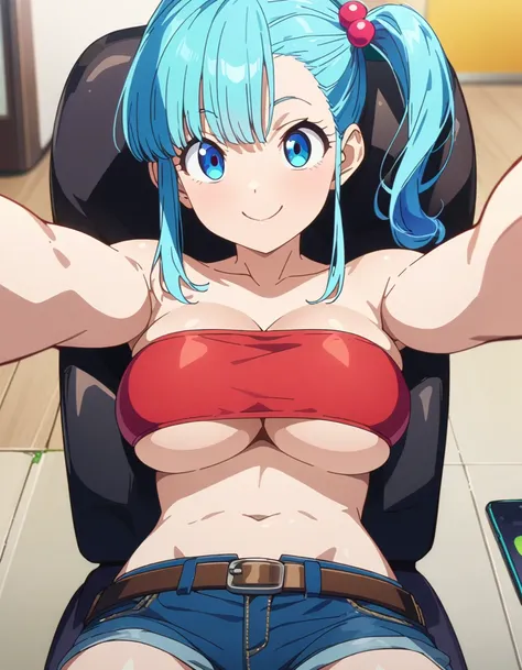 score_9, score_8_up, score_7_up, BREAK from above:1.5 ,,(girl sit on chair,on your back),(selfie),1girl,bulma, blue eyes, blue hair,bare shoulders, belt, cleavage, hair bobbles, hair ornament, hair over shoulder,large breast,midriff, navel, one side up, re...