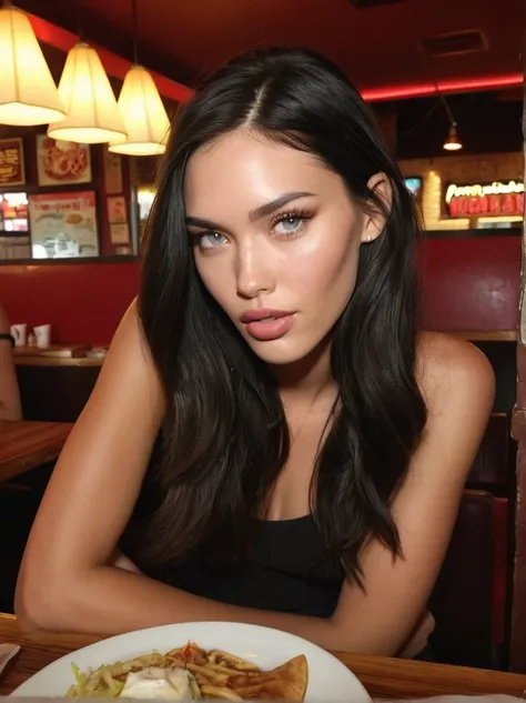 a realistic instagram photo of a [ really beautiful exotic androgynous supermodel 19 year old woman] , with [long, dark hair] , looks like [Megan FOX] and [Adriana Lima], light makeup, looking [innocent, cute, flushed] , restaurant [light] skin --ar 9:16 -...