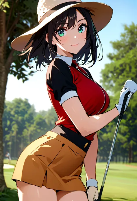 sound　high resolution　8k beauty　Woman playing golf　Golf course　Beautiful woman　Timid　Black Hair　　Golf Wear　mini skirt　smile　　looking at the camera　nice shot　No sleeve　Cowboy hat　Blonde