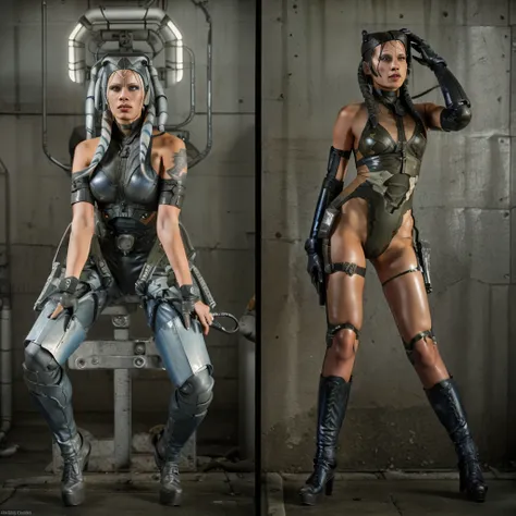 there are two pictures of a Аhsoka in a uniform and a Аhsoka in a suit, metal gear solid art style, metal gear solid style, metal gear solid inspired, inspired by Masamune Shirow, metal gear solid anime cyberpunk, video game fanart, from metal gear, metal ...