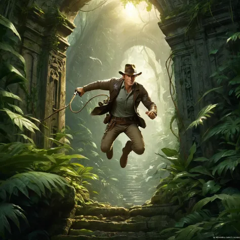 Create an incredibly adventurous and visually stunning image titled "Also Known Simply As Indy." Imagine a dynamic scene where the iconic archaeologist adventurer, Indy, is in the midst of an exhilarating expedition. He is depicted leaping across a perilou...