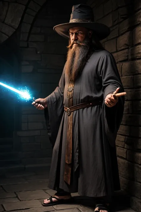 A wise old sorcerer with a wide hat and a long beard, a long gray dress with black flip-flops and glowing brown eyes had a wand in his right hand that had powers.