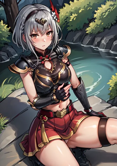 Highest quality, (masterpiece:1.2), figure, Absurd,
(One girl, alone), (Beautiful detailed girl),
Lu Lingqi, Grey Hair, Brown eyes,  short hair, 
Headpiece, Armored Boots, gloves, 
Grassy mountain々, wood, Japanese architecture, river, plant,, Place your ha...