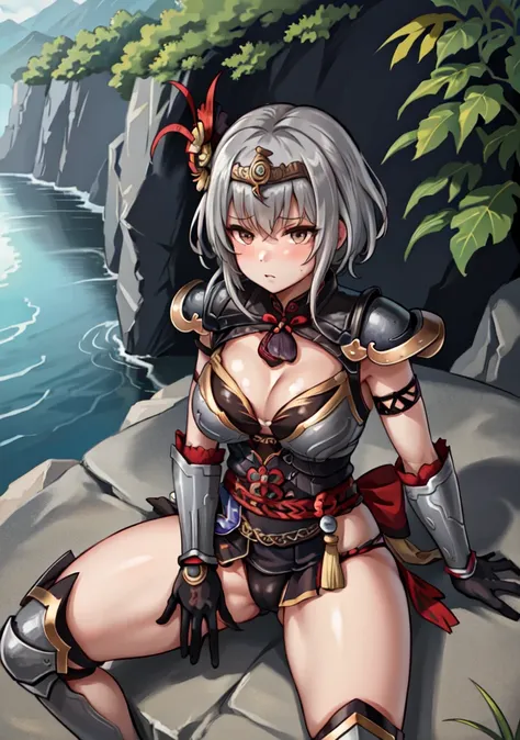 Highest quality, (masterpiece:1.2), figure, Absurd,
(One girl, alone), (Beautiful detailed girl),
Lu Lingqi, Grey Hair, Brown eyes,  short hair, 
Headpiece, Armored Boots, gloves, 
Grassy mountain々, wood, Japanese architecture, river, plant,, Place your ha...