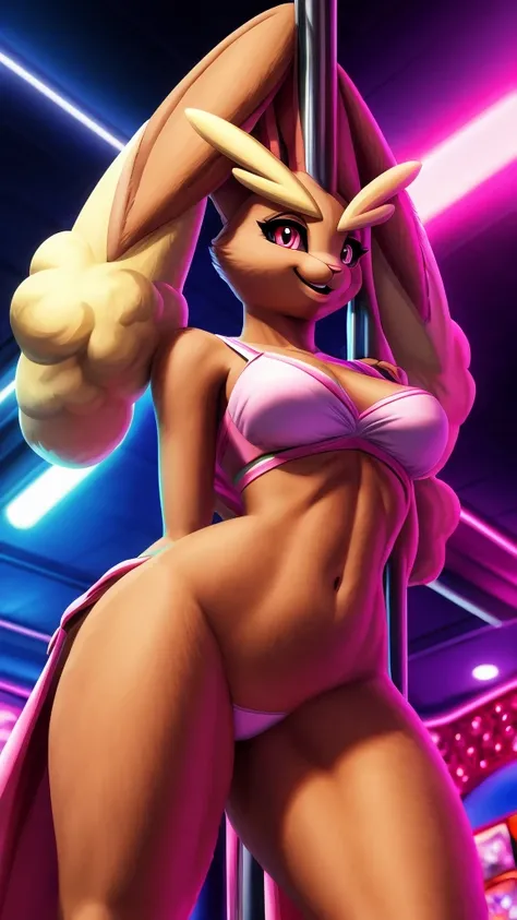 (best quality,4k,8k,highres,masterpiece:1.2),ultra-detailed, Lopunny as a College Girl pole dancing in a strip club, strutting her stuff, Smiling and laughing, Flirting with the viewer, Pokémon, Pokémon (game), game freak, nintendo, pokeball purse, HDR, 8k...