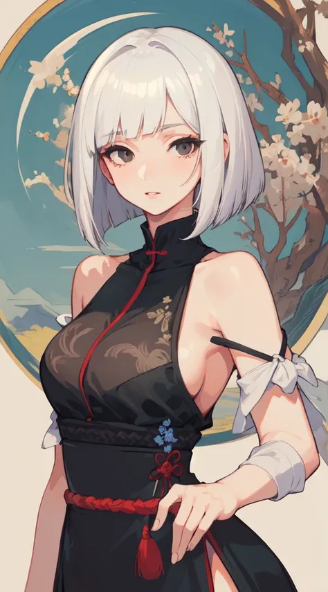 22-year-old beautiful girl, ((Masterpiece)))), (((Best quality)))), (((Very detailed))), detailed fingers, illustration, Slanted eyes, Black eyes, white bob cut, Shoulders, Japanese old style clothing, medium breasts, 