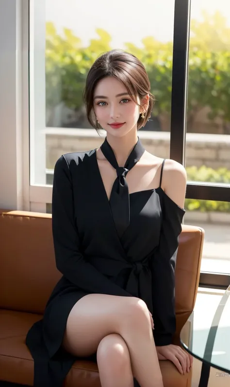 a beautiful young korean woman, sitting on a couch, wearing a black dress, elegant pose, detailed beautiful face, detailed eyes, detailed lips, long black robe, korean fashion model, pretty chinese model, (best quality,4k,8k,highres,masterpiece:1.2),ultra-...