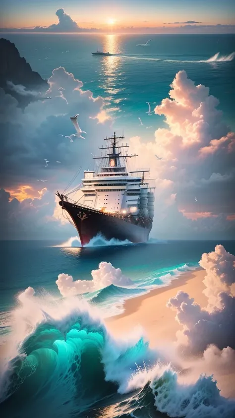 A ship floating on the sea，Barrels and scattered reins were neatly placed on the wooden deck.，In the distance, two ships are floating on the rough sea.，An island in the distance，There is also blue sky, white clouds and seagulls，Natural light，High-definitio...