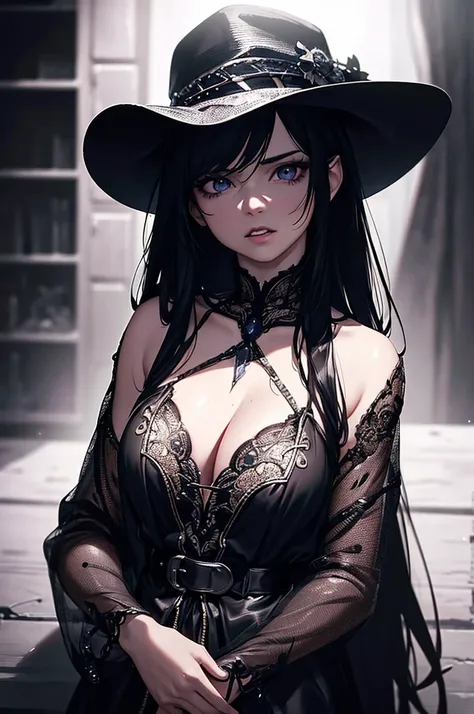 cowboy,bounty hunter,vampire,female,beautiful detailed eyes,beautiful detailed lips,extremely detailed eyes and face,longeyelashes,intricate detailed portrait,high contrast lighting,dramatic shadows,moody atmosphere,cinematic composition,warm color tones,c...