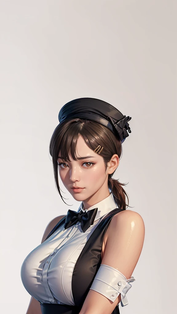 (（（Perfect body,White and tender skin,（（（Black strap dress, black long bow tie, white lining, black hat）））,（（（kobeni higashiyama, black hair, hair ornament, hairclip,  ponytail, short hair, (brown eyes:1.5),）））,((masterpiece)),highres,((Best quality at bes...