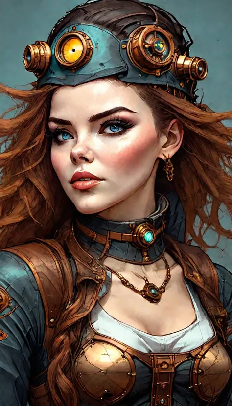 ((a steampunk girl with an eye patch:1.5)), beautiful detailed eyes, beautiful detailed lips, extremely detailed face, long eyelashes, intricate mechanical eye patch, gears, cogs, brass, copper, leather, fantasy, cinematic lighting, dramatic shadows, muted...