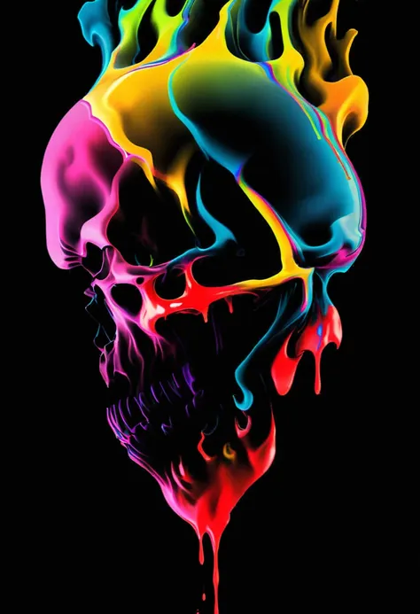 a detailed close up dark artsy skull with ((decaying fading effect)) dull color , ((neon colorful blood dripping)) with tormente...