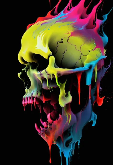 a detailed close up dark artsy skull with ((decaying fading effect)) dull color , ((neon colorful blood dripping)) with tormente...