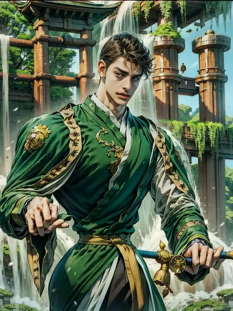 handsome young man wearing a green traditional chinese costume, the willow tree