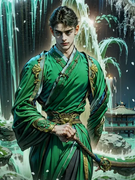 handsome young man wearing a green traditional chinese costume, the willow tree